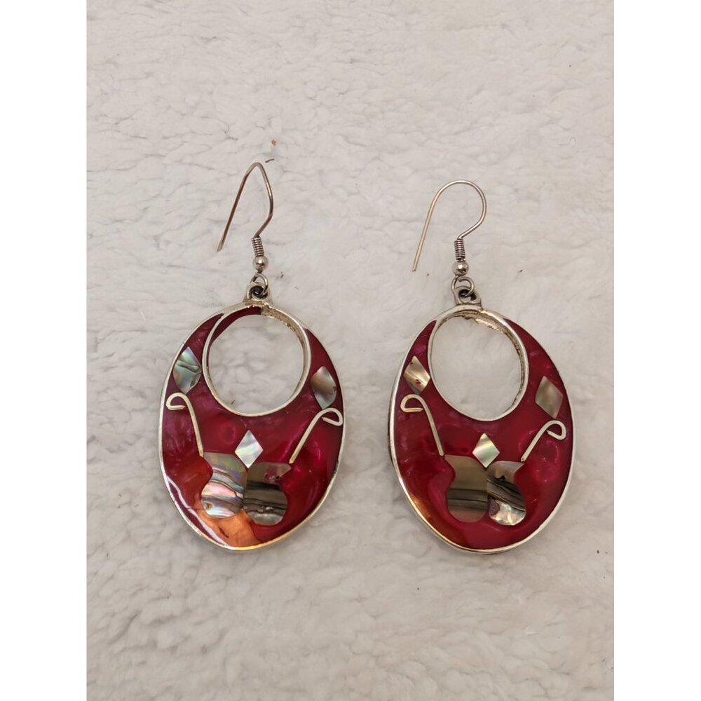 Vintage Alpaca Mexico Red & Silver Oval Drop Earrings M-O-P Inlay & Hook Closure
